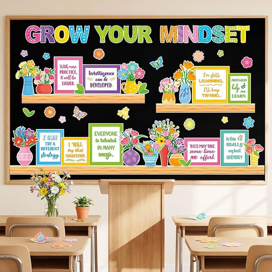 Qilery Growth Mindset Bulletin Board Set - Spring Floral Classroom Decorations & Positive Affirmation Wall Art, Motivational Potted Plant Cutouts for Teacher & Elementary School Counselor