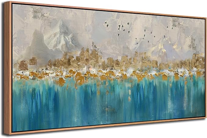 Arjun Framed Abstract Wall Art for Living Room Gold Blue Textured Large Canvas Art Wall Decor Bedroom Painting, Modern Picture Grey Mountain Artwork Home Office Wall Decoration, 48"x24"