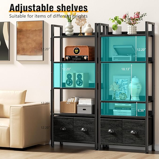 Furologee 5-Tier Bookshelf, Tall Bookcase with 2 Storage Drawers, Industrial Display Standing Shelf Units, Wood and Metal Storage Shelf for Living Room, Bedroom, Home Office, Black Oak