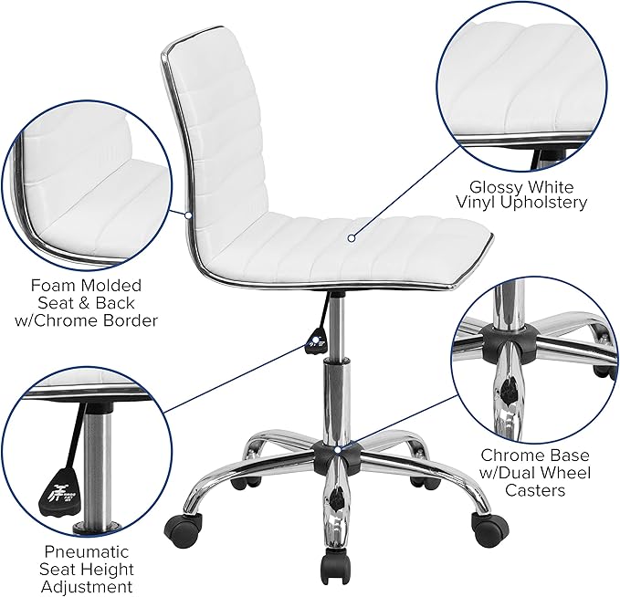 Flash Furniture Alan Low-Back Ribbed Upholstered Vinyl Swivel Desk Chair with Padded Seat, Modern Adjustable Height Padded Office Chair, White
