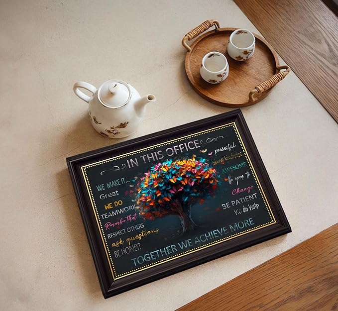 Dark Brown Frame Office Inspirational Tree Of Life Canvas Wall Art Teamwork Positive Energy Picture Wall Decor Team Rules Inspiring Poster Print Painting for Living Room Bedroom Man Cave Decoration
