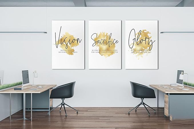 SHMAO Gold Office Canvas Wall Art Motivational Wall Decor, 3 Piece Vision Sacrifice Glory Print Pictures for Office Wall Decor Women Inspirational Framed Artwork Home Office Decor 24”x36”x3 Panels