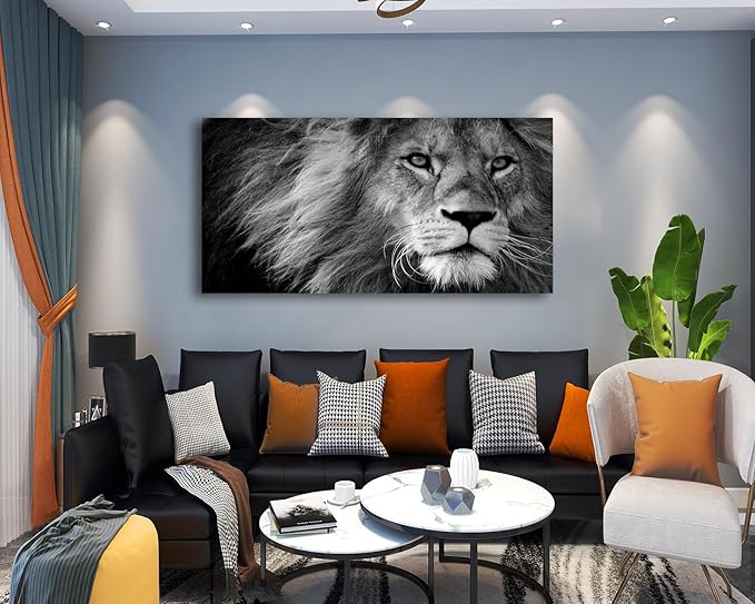 Baisuart Canvas Prints Wall Art Grey lion Stretched Canvas Wooden Framed for living Room Bedroom and Office