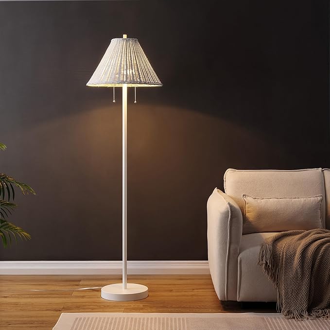JONATHAN Y 61" White 2-Light Coastal Bohemian LED Floor Lamp for Living Room, Brown Rattan Shade, Mid-Century Modern Tall Standing Lamp, Pull-Chain, LED Bulbs Included (JYL3092B)