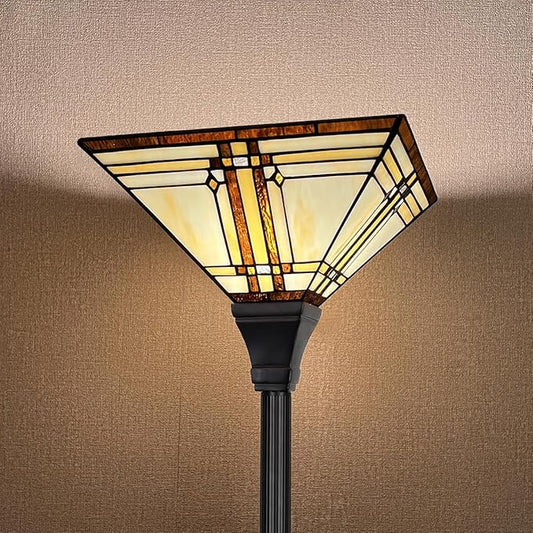 Capulina Tiffany Lamp Stained Glass Torchiere Floor Lamp 69 Inches Tall Industrial Pole Cream Color Mission Tiffany Style Standing Floor Lamp for Home Office Living Room Bedroom