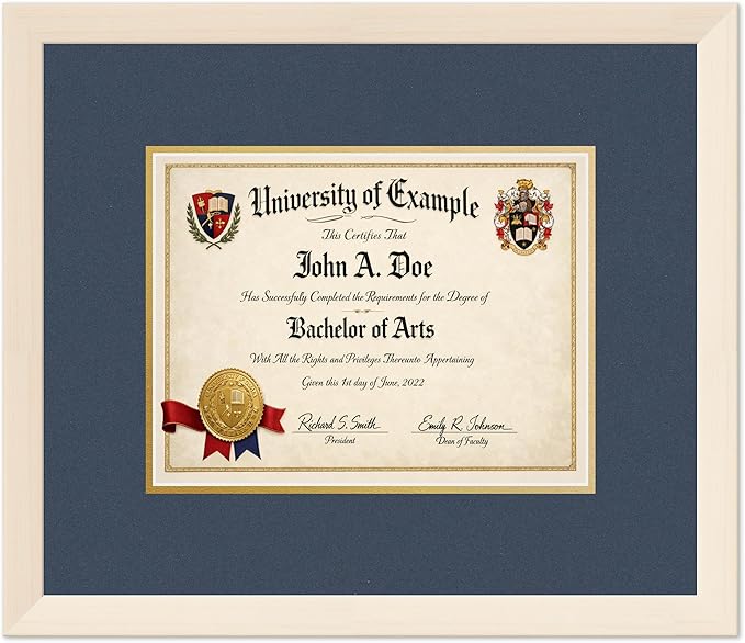 CountryArtHouse Diploma Frame Fits 11 x 8.5 US Letter Certificate - Keepsake Graduation Display Coastal Whitewash Genuine Hardwood with Navy Blue Over Metallic Gold Double mat