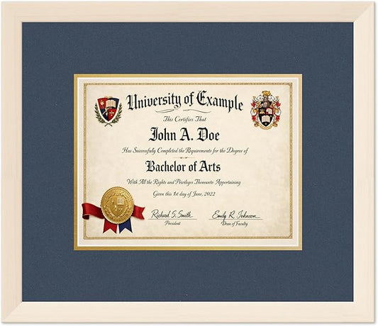 CountryArtHouse Diploma Frame Fits 11 x 8.5 US Letter Certificate - Keepsake Graduation Display Coastal Whitewash Genuine Hardwood with Navy Blue Over Metallic Gold Double mat