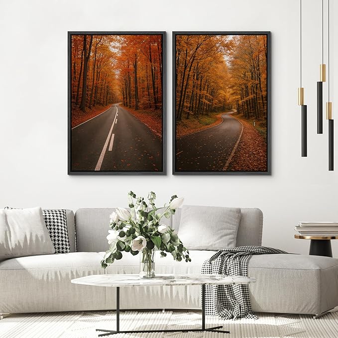 SIGNWIN Framed Canvas Print Wall Art Set Autumn Forest Road Nature Landscape Illustrations Modern Art Minimal Boho Relax/Calm for Living Room, Bedroom, Office - 16"x24"x2 Black