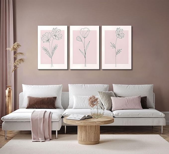 3 Pieces Minimalism Botanical Canvas Wall Art Pink Flowers Line Plants Pictures Wall Decor Posters Print Artwork for Girls' Room Living Room Bedroom Bathroom Office Home Decoration
