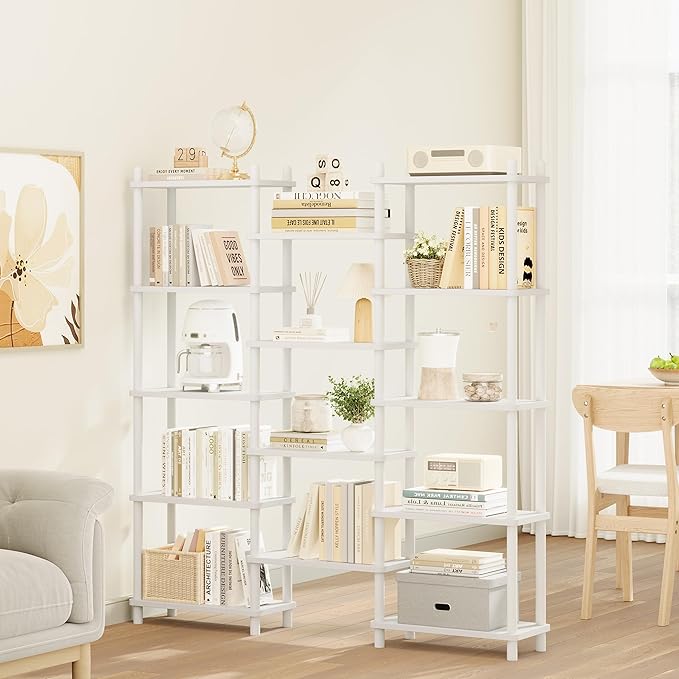IOTXY Wooden Triple Wide Bookshelf - 5-Tier Large Shelf Bookcase with Solid Beech Frame, Tall Freestanding Open Etagere Display Rack for Home Office, White
