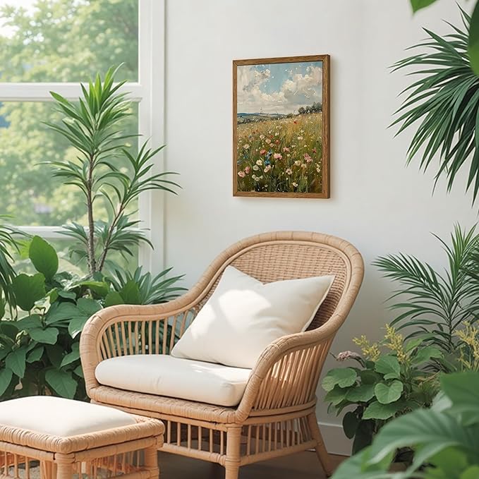 AVECCO Vintage Peaceful Wildflower Canvas Wall Art, Nature Floral Artwork Landscape Wall Decor, Colorfu Botanical Art Prints for Bedroom Living Room Office Home Decoration 12x16 Inches Wood Framed