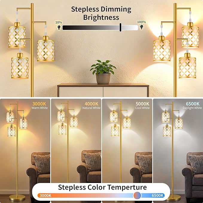 New Upgraded 72" Tall Dimmable Floor Lamp with 3 x 1100LM 12W Bright LED Bulbs, Farmhouse Standing Lamp with Remote Control, Industrial Tree Pole Floor Lamps for Living Room, Bedroom, Office - Gold