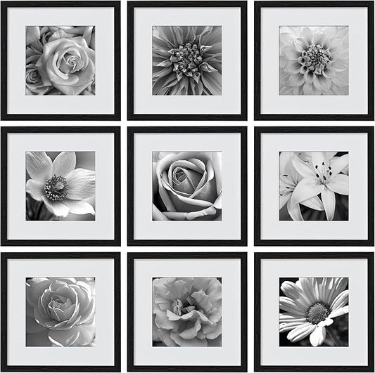 eletecpro 14x14 Picture Frames Set of 9, Classic Gallery Wall Frame Set Displays 10x10 Photos with Mat or 14x14 without Mat, Photo Frames Collage Wall Decor, Black Frames for Home Decor