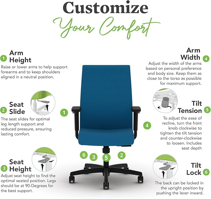 HON Ignition 2.0 Fabric Office Chair, Upholstered, Adjustable Arms, Standard Synchro-Tilt Recline Executive Ergonomic Office Chair, Black Frame, Peacock
