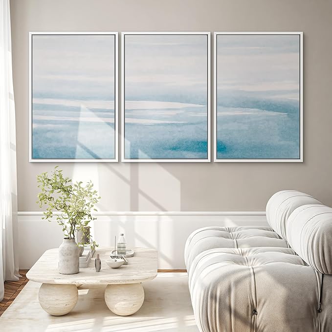 SIGNWIN 3 Piece Framed Canvas Wall Art Blue Sky Watercolor Nature Wilderness Illustrations Abstract Traditional Relax/Calm Home Artwork Decoration for Living Room,Bedroom - 24"x36"x3 White