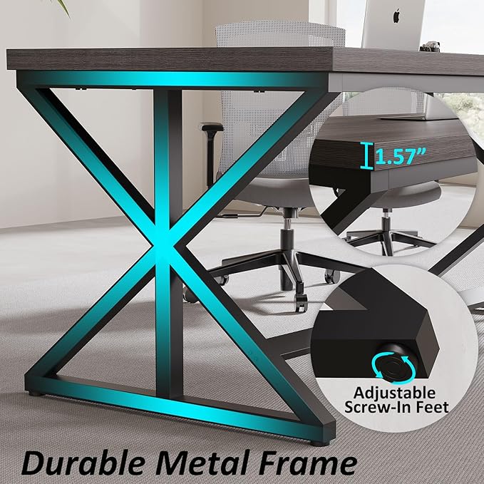 IBF 60 Inch Long Office Desk, Modern Metal Wooden Grey Writing Study Computer Desk for Bedroom, Farmhouse Big Simple Home Office Desks Executive Work Pc Table for Student, Dark Gray Oak