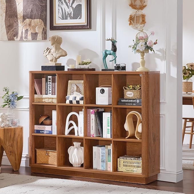 12 Cube Storage Organizer, 41" Wide Large Bookshelf with Curved Edge, Wood Floor Standing 3-Tier Cubby Bookcase w/Base, Rustic Display Storage Cabinet, Book Case for Home Office, Brown