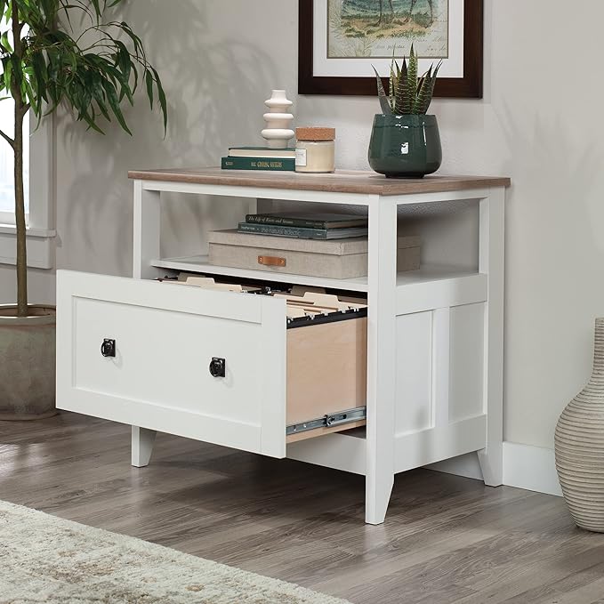 Sauder August Hill File Cabinet 1-Drawer with Open Shelf, Legal Size Filing Cabinet - Soft White Finish