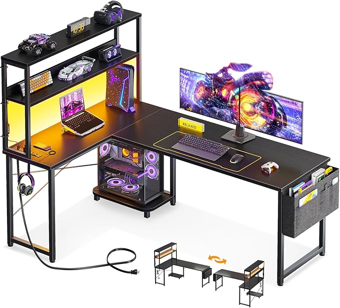 ODK 61 Inch L Shaped Desk with LED Lighting, Reversible Gaming Desk with Power Outlets, Cornor Computer Table with Storage Shelves & Bag & Iron Hook, Home Office Table for Writing, Study, Black