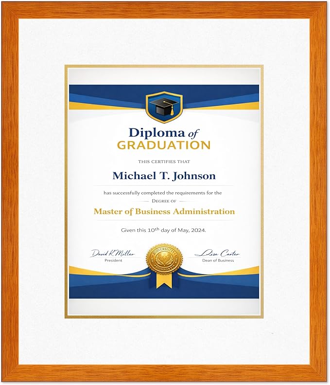 Diploma Frame Honey Oak with Oyster Shell Over Gold Double Mat - Fits 11 x 14 College Diploma (Portrait) Wall Display Made in the USA