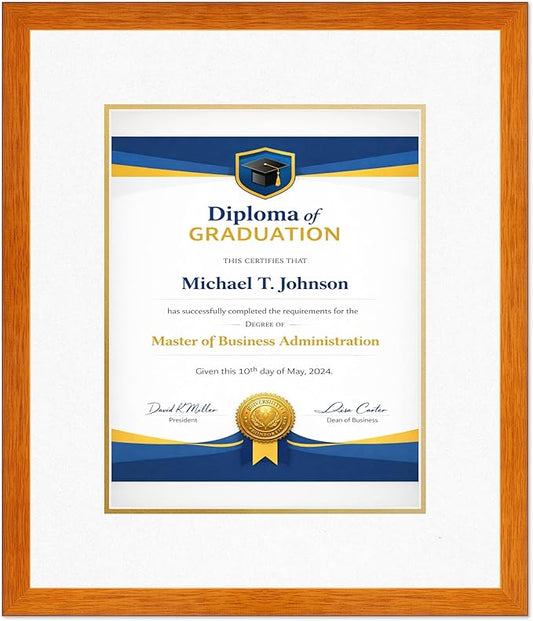 Diploma Frame Honey Oak with Oyster Shell Over Gold Double Mat - Fits 11 x 14 College Diploma (Portrait) Wall Display Made in the USA