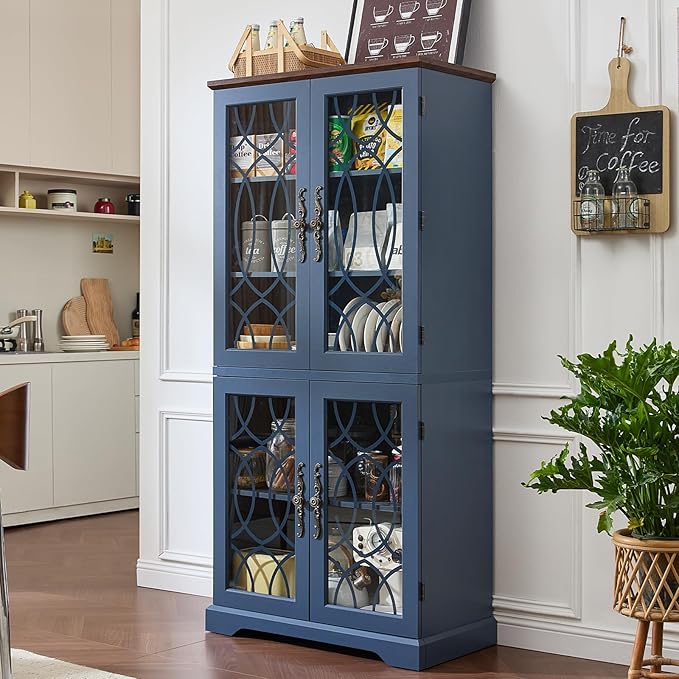 67" Tall Bookshelf Set of 3, Vintage Book Shelf with Glass Doors, 5-Tier Wood Bookcase w/Adjustable Storage Shelves, Freestanding Rustic Curio Display Cabinet for Living Room,Office,Navy Blue