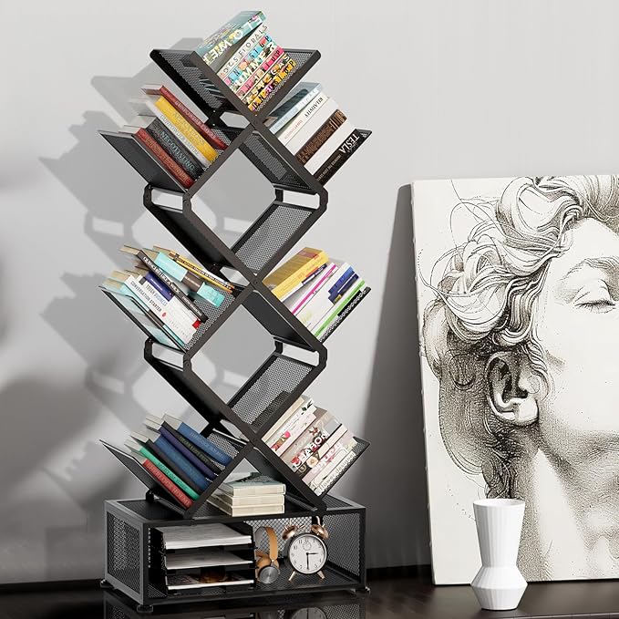 Gintan 9-Tier Space Saving Book Shelf with Storage,Bedroom Shelves Folding Bookshelves,No Installation Required Shelf Tree Metal Bookshelf for Living Room,Study,Home Office,Bed Room (Black)