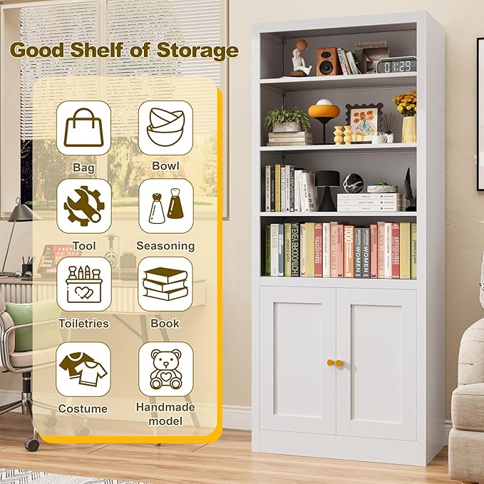 55" Metal Shelving Unit, Freestanding Storage Rack with Cabinet Doors,Heavy Duty Steel Shelving for Pantry, Kitchen, Closet, Garage,Home Office (White)