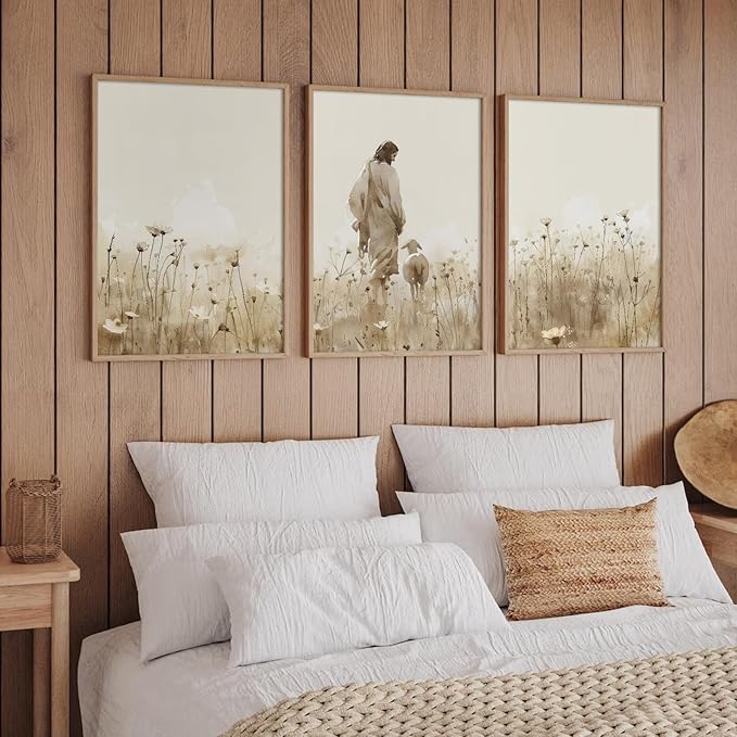 Jesus Leaves the 99 Sheep Wall Art Christian Canvas Poster Jesus and Lamb Wall Decor Religious Pictures Lost Sheep Painting God Christ Painting Artwork for Bedroom Living Room 12x16x3 Inch Unframed