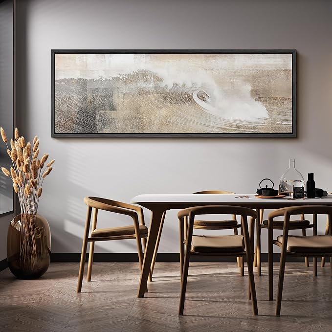 SIGNFORD Large Framed Canvas Neutral Ocean Wave Abstract Illustrations Modern Art Calm Warm for Living Room, Bedroom, Office - 60"x20"