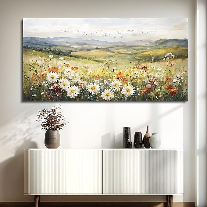 FUHAIHUA Large Framed Wall Decor For Living Room Canvas Wall Art For Office Farmhouse Wall Decorations For Bedroom Prairie Flowers Landscape Paintings Modern Pictures Artwork Home Decor 24" x 48"