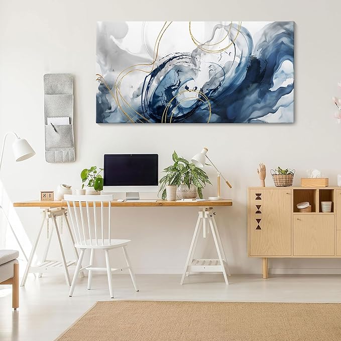 Mofutinpo Blue Abstract Wall Art Modern Canvas Art Wall Decor Artwork For Walls Living Room Large Painting Office Pictures For Wall Navy Gold Contempor Decorations For Bedroom Size 20x40