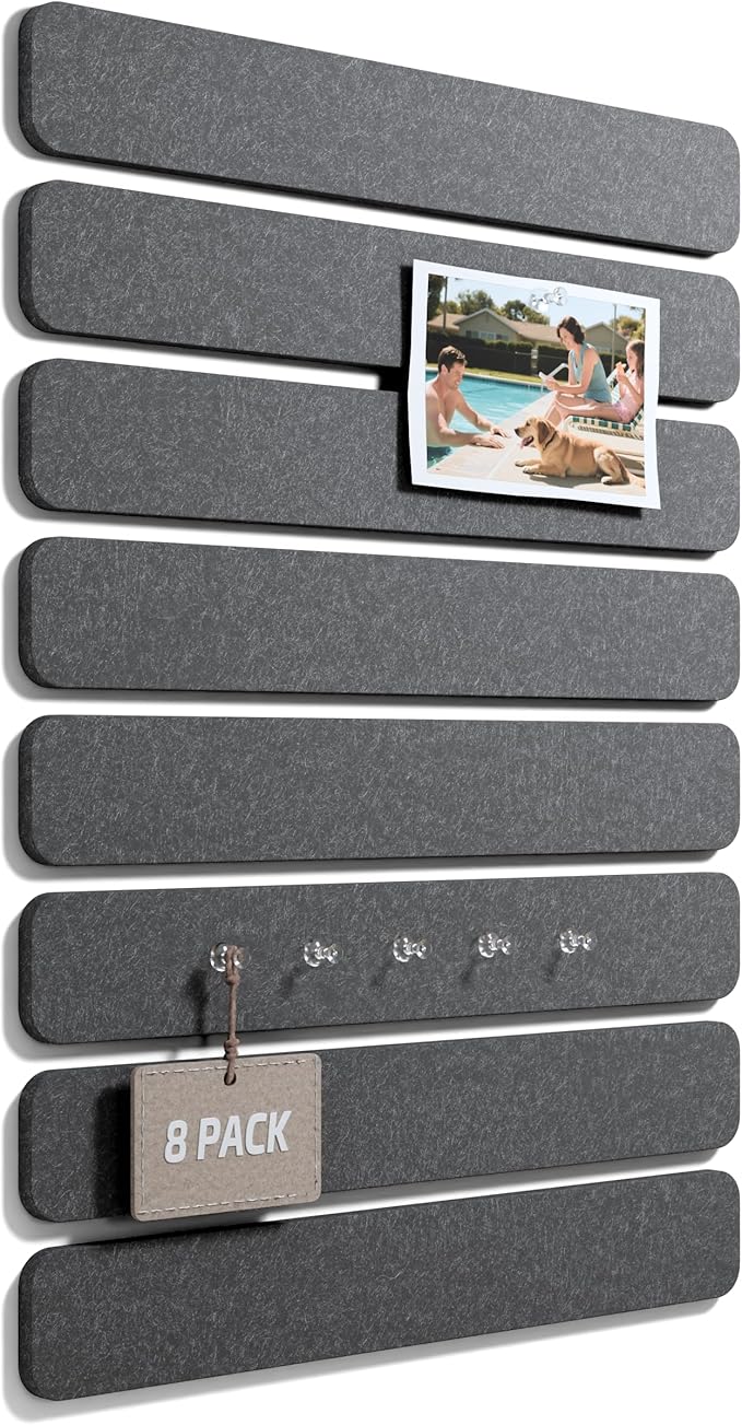 Fluxynara Cork Board Alternative Felt Strip Board 8-Pack 13"x2", Office Pin Board with 50 Push Pins, Adhesive Install for Bedroom Door & Home Office(Charcoal Gray)