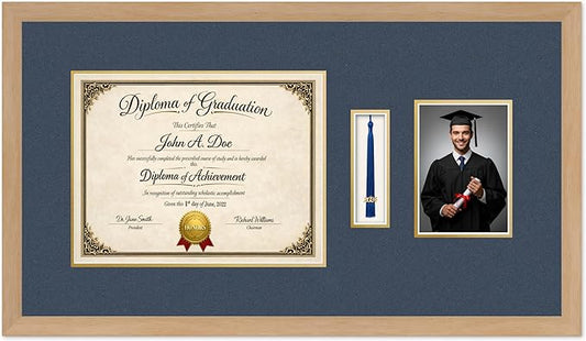 Diploma Tassel and Photo Frame Natural Wood Shadowbox Navy Blue Over Gold Mat - Fits 13 x 10 Degree Picture Made in the USA