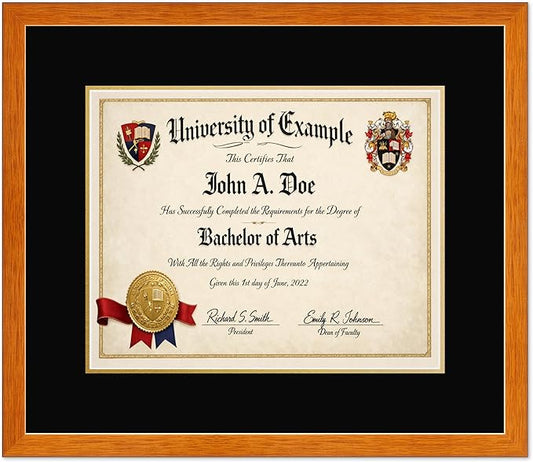 CountryArtHouse Diploma Frame Fits 15 x 12 Military/Government - Keepsake Graduation Display Honey Oak Genuine Hardwood with Black Over Metallic Gold Double mat
