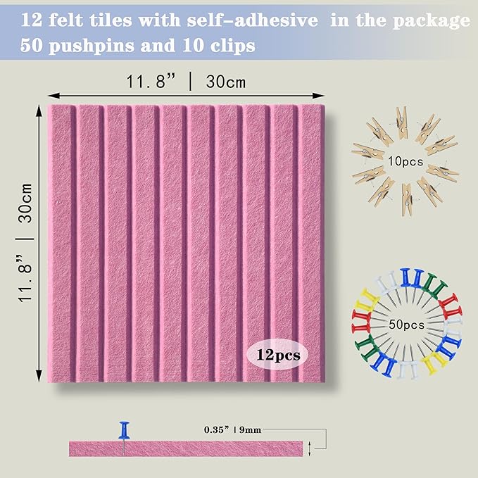 Large Cork Board Alternative-12 Pcs Self-Adhesive Felt Bulletin Board Tiles, Felt Pin Board Cork Board Tiles for Home Office Wall Decor, Tack Board 47"x35" (Rose