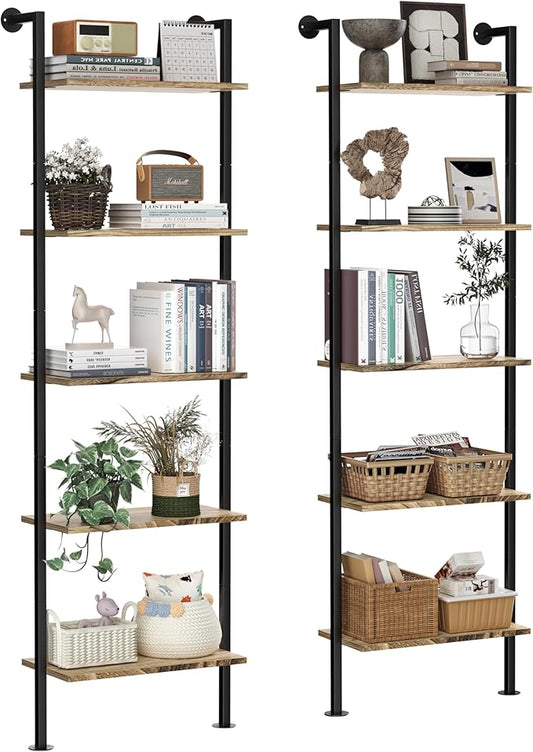 5-Tier Solid Wood Bookshelf, Narrow Book Shelf Set of 2, Wall Mount Ladder Shelf, Storage Rack for Living Room, Bedroom, Industrial Style, Rustic Brown