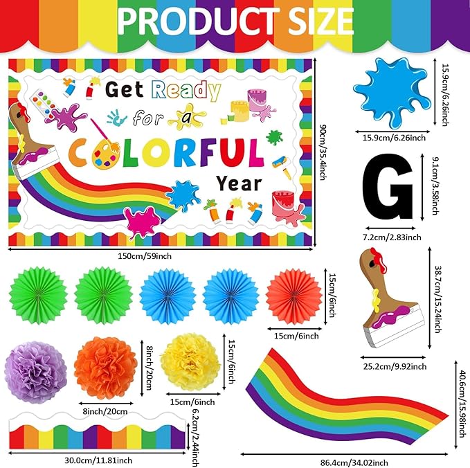 Get Ready for A Colorful Year Bulletin Board Classroom Decorations 3D Colorful Back to School Bulletin Board Set with Tissue Paper Fans Pompoms Art Painting Cutouts for Offices Chalkboard Wall Supplie