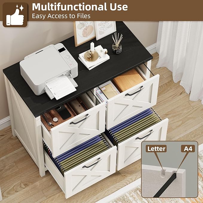 Farmhouse File Cabinet, Lateral Filing Cabinet with 4 Drawers for Letter/A4 Size Hanging Files, Wooden Printer Stand File Storage Cabinet for Home Office Cabinets, White and Black