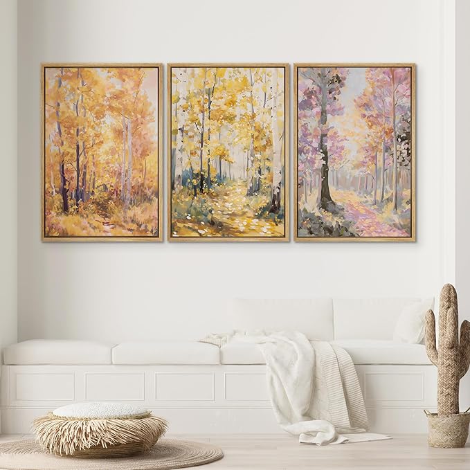 SIGNWIN Framed Canvas Print Wall Art Set Golden Autumn Forest Watercolor Woodland Path Illustrations Modern Art Decorative Abstract for Living Room, Bedroom, Office - 24"x36"x3 Natural