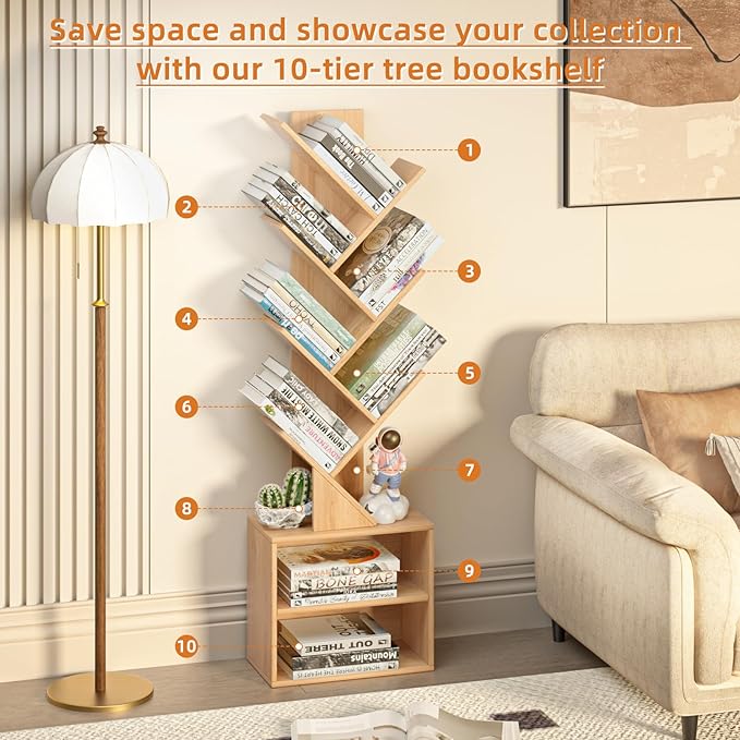 10 Tier Tree Bookshelf,Christmas Green Bookcase for Narrow Space, Storage Organizer Floor Standing Bookshelves for Books, Tall Book Case for Home Office, Living Room, Bedroom