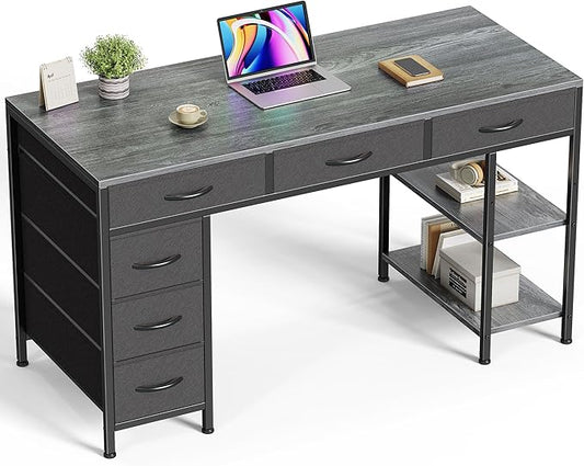Huuger Computer Desk with 6 Drawers, Office Desk with Shelves, Reversible Gaming Desk, Corner Desk with Storage, Work for Home Office, Study, Living Room, 47inch, Gray