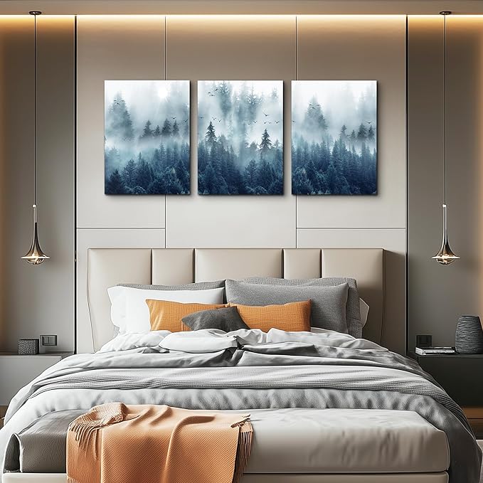 Misty Forests 3-Piece Framed Canvas Wall Art - Trees Landscape Pictures for Living Room, Bedroom, Office - Modern Wall Posters Home Decor