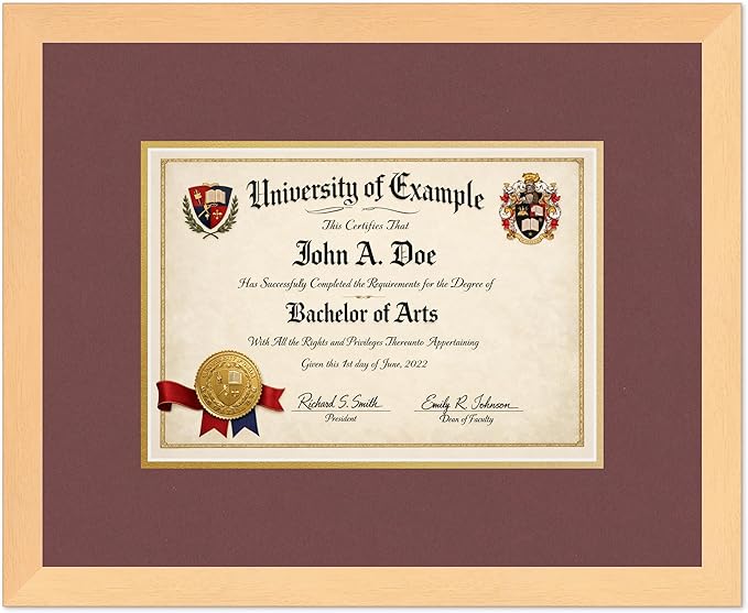 CountryArtHouse Diploma Frame Fits 11.69 x 8.27 A4 Certificate - Keepsake Graduation Display Natural Wood Genuine Hardwood with Dark Red Over Metallic Gold Double mat