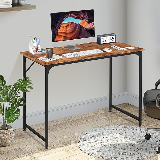 BLKMTY 47" Computer Desk - Home Office Writing Table, Wood PC Study Workstation, Modern Simple Style Laptop Desk with Metal Frame and Smooth Tabletop for Bedroom, Vintage