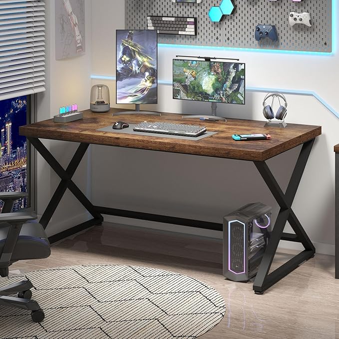 IBF Rustic Computer Desk, Industrial 47” Home Office Desk, Farmhouse Wood Metal Work Desk for Writing Study, Vintage Minimalist Executive Workstation PC Gaming Table in Bedroom, Rustic Brown