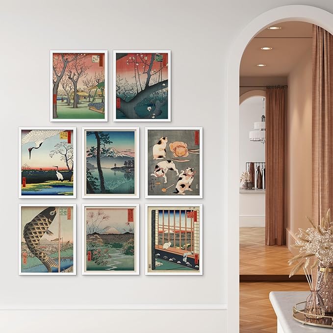 SIGNWIN Framed Poster Wall Art Set of Koinobori The Carp Fish, Plum Park Landscape with 2 Cranes from One Hundred, Plum Blossom in Garden for Living Room, Bedroom, Office - 8"x10"x 8 White