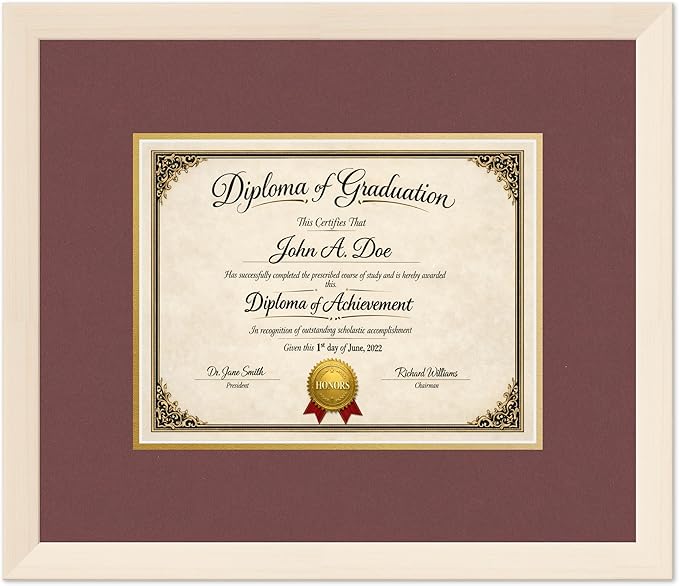 Diploma Frame Coastal Whitewash with Dark Red Over Gold Double Mat - Fits 11 x 8.5 US Letter Certificate Wall Display Made in the USA