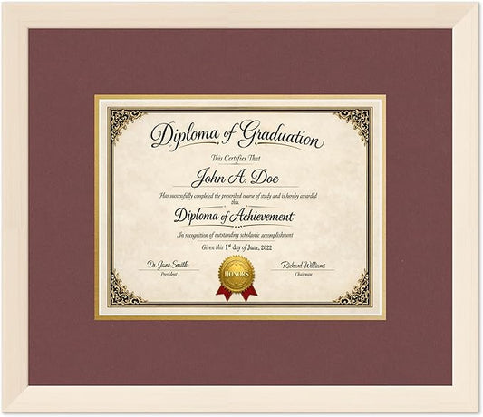 Diploma Frame Coastal Whitewash with Dark Red Over Gold Double Mat - Fits 11 x 8.5 US Letter Certificate Wall Display Made in the USA
