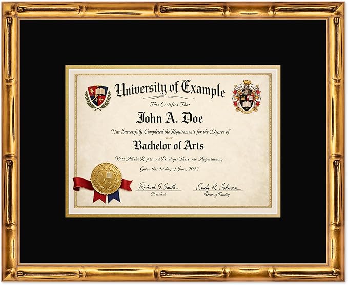 CountryArtHouse Diploma Frame Fits 11.69 x 8.27 A4 Certificate - Keepsake Graduation Display Gold Bamboo Genuine Hardwood with Black Over Metallic Gold Double mat